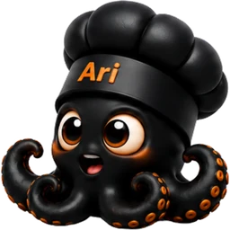 Ari, la mascota de Ascua: un pulpo negro con gorro de cocinero.