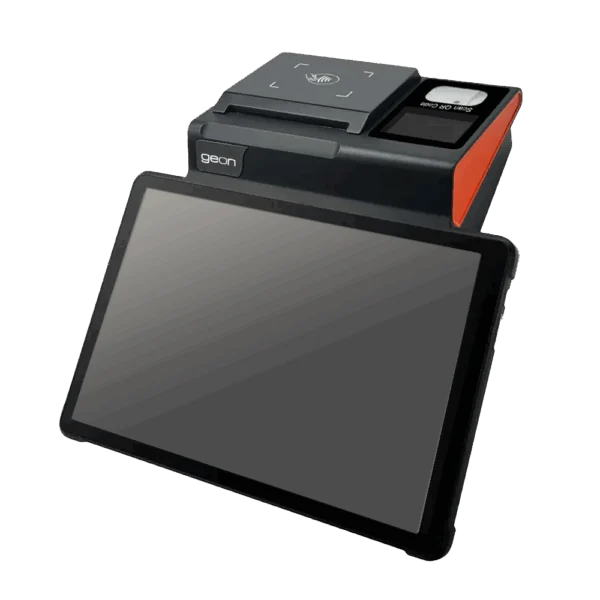 Terminal Ascua Go: tablet de 11 pulgadas sobre una base con impresora de tickets, lector de códigos QR y lector NFC.
