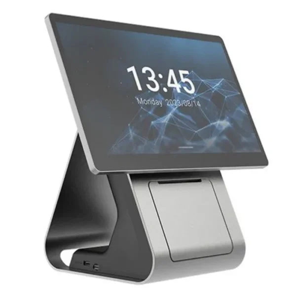 Terminal Ascua Pro: pantalla táctil de 15,6 pulgadas sobre un soporte de aluminio con impresora de tickets integrada.
